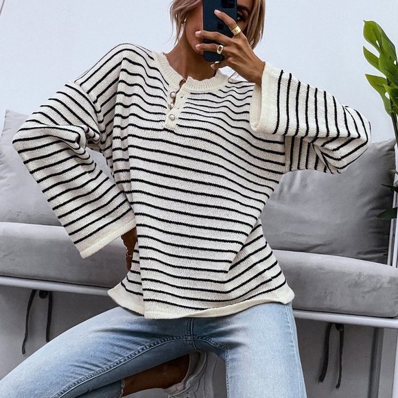 White Casual Womens Striped Drop Shoulder Button Front Sweater - Picture 2 of 5
